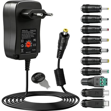 41W Chargeur Universel AC/DC 220-230v Transformateur d'Alimentation Adaptateur Réglable 6V, 9V, 12V, 15V, 18V, 20V, 24V Adaptateur Secteur avec 10 Embout pour PC Ordinateur, Routeur, Imprimante (1/5)