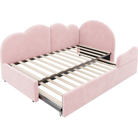 Gepolstertes L-Bett mit Ausziehbett 90 x 200 cm, rosa Samt, Wolken-Kopfteil (1/5)