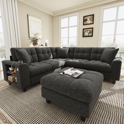 Canapé modulable 6 places avec coffre de rangement, coussins inclus, structure bois, chenille gris, 216,5x216,5x83 cm (1/5)
