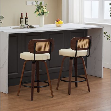 MEUBLIV lote de 2 taburetes de bar 56 x 42 x 90 cm beige giratorios con respaldo de rejilla (1/5)