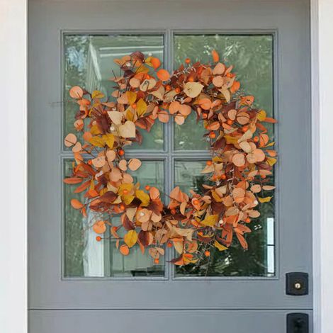 Corona otoñal ManoMano, base de espuma - 50 cm con espigas de trigo, hojas y ramas de bayas artificiales para puerta, ventana, pared, estilo rústico. (1/5)