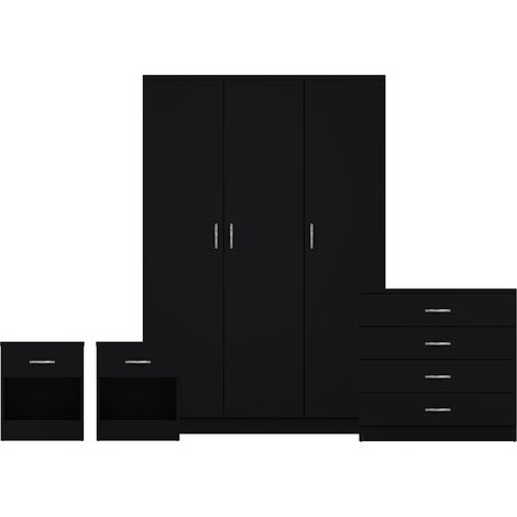 Riano 4 Piece Bedroom Set (1 Drawer Bedside Chest, 4 Drawer Chest, 3 Door Wardrobe), Black (1/3)