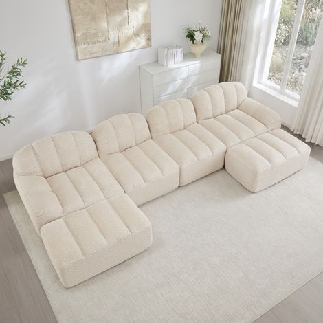 FloraGrace sofa modulaire 4 places fleece granule beige white, sans montage (1/5)