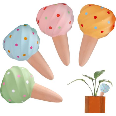 Lot de 8 pointes d'arrosage pour plantes en terre cuite en forme de cône de glace (4 couleurs, 2 pièces par couleur) – Abreuvoirs automatiques pour plantes d'intérieur et de jardin (1/5)