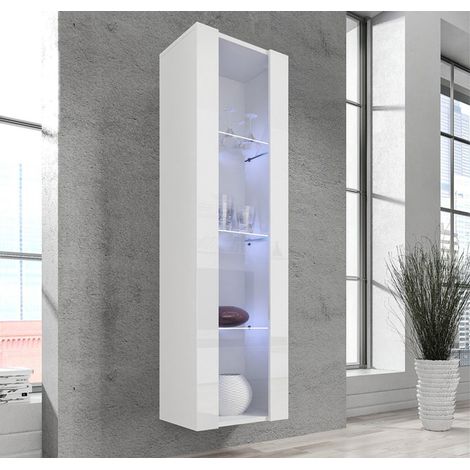 Vitrinenschrank mit LED Hängeschrank Vitrine Wohnzimmer 1 Tür 4 Fächer Weiß Matt 40x170x29cm Modell Nora V5