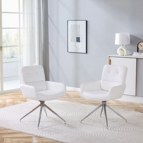 DESMIU Chaise de salle à manger pivotante 360° avec dossiers capitonnés en PU blanc et métal argenté (1/5)