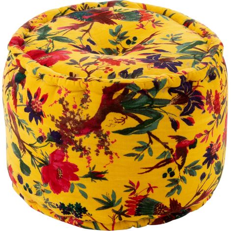 Pouf en Velours "Oiseaux Fleurs" 40cm Jaune