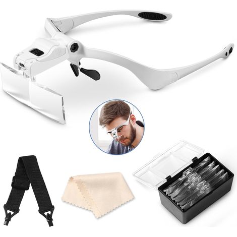 Stirnbandlupe mit LED-Licht, Kopflupe mit – 5 abnehmbaren Linsen (1,0X 1,5X 2,0X 2,5X 3,5X), für alle Präzisionsarbeiten, Lesen, Juwelier, Sticken, Nähen, Schmuck (1/5)