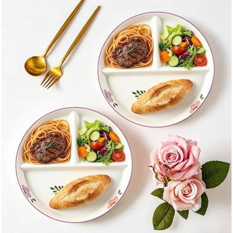 Assiette Compartimentée - Porcelaine - 3 Compartiments - 20,5 cm - Micro-Ondes et Lave-Vaisselle - Lot de 2 (1/5)