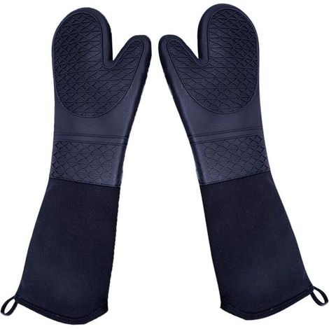 Set aus 2 extra langen, hitzebeständigen Silikon-Ofenhandschuhen in Profiqualität mit gestepptem Baumwollfutter (1/4)