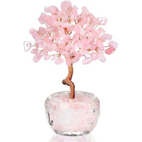 Arbre de Vie en Cristal de Quartz Rose - à Argent Pierres Précieuses Fait Main pour Décoration Bureau et Maison, Cadeau d'Énergie Positive Femme (1/5)