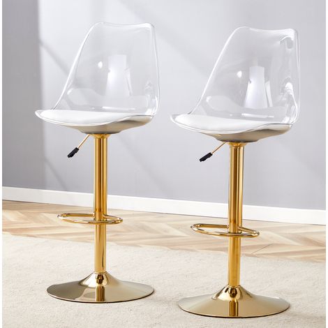 Tabouret de bar métal et plastique or transparent, assise PU blanche, dossier ergonomique, base Ø44,4 cm (1/5)