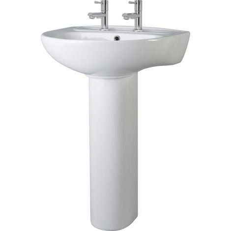 Balterley Anslow Round 2 Tap Hole Ceramic Basin with Full Pedestal 550mm White Bathroom Sink Traditional Pillar Tap Design (1/3)