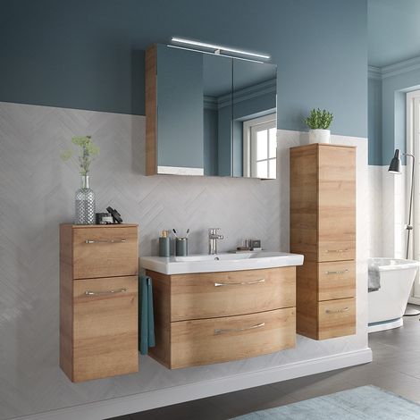 Badezimmermöbel Komplett Set, 82cm Waschbecken, LED Beleuchtung, Riviera Eiche quer Nb. SOLINGEN-66, B/H/T ca. 172/200/46 cm (1/5)