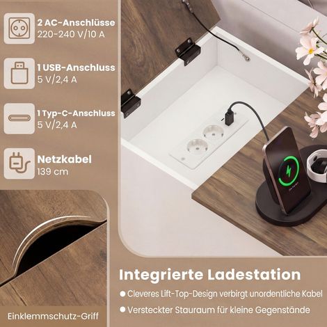 Set of 2 side tables with charging station, side cabinet with fold-down tabletop, bedside table, white (1/5)
