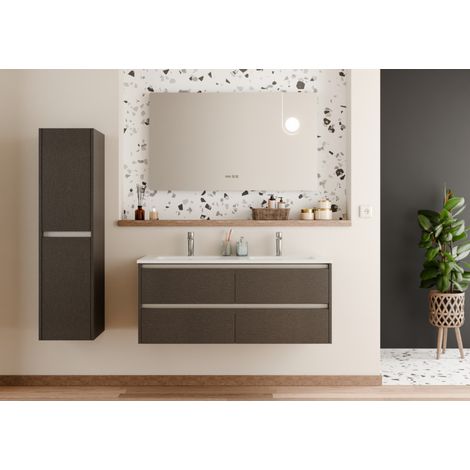 Sanitaire – Meuble bas de salle de bain double vasque 120cm – Tissé gris – Miroir LED antibuée ELEGANCE – 2 tiroirs soft closing (1/5)