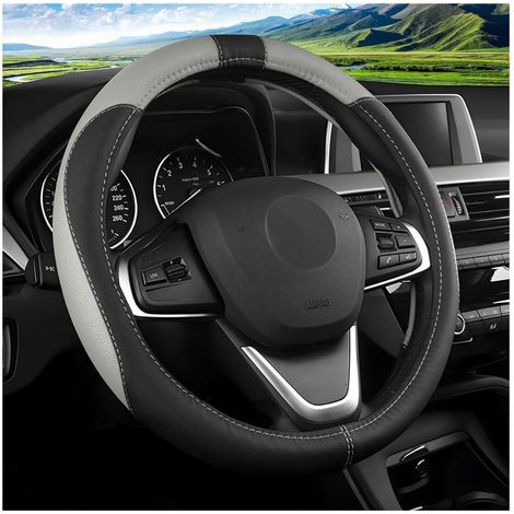 Lenkradbezug Auto Mikrofaser Leder Sport Anti Rutsch Universal 38cm Schwarz/Grau (1/5)