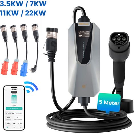 Intelligent Câble de recharge Type 2 3.5-32A 22kW triphasé 5m portable pour Tesla BMW JUNSUN (1/5)