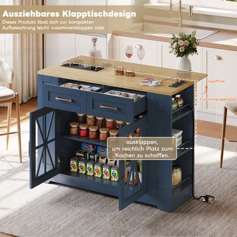 Îlot de cuisine roulant 120 cm, table rabattable intégrée, étagères ouvertes, prises électriques et port USB, porte vitrée, plan stratifié ajustable, roulettes freinées pour cuisine, salle à manger, s (1/5)