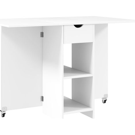 Table extensible-blanc 114,5x70 cm-2 à 4 personnes-1 tiroir-étagères ouvertes-pliable-petits espaces-cuisine-salle à manger (1/5)