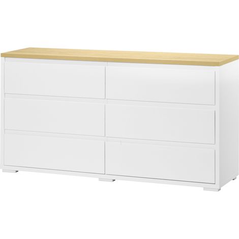 Commode 6 tiroirs blanc 140x37x75 cm - Meuble rangement chambre, bureau, salon en panneaux de particules