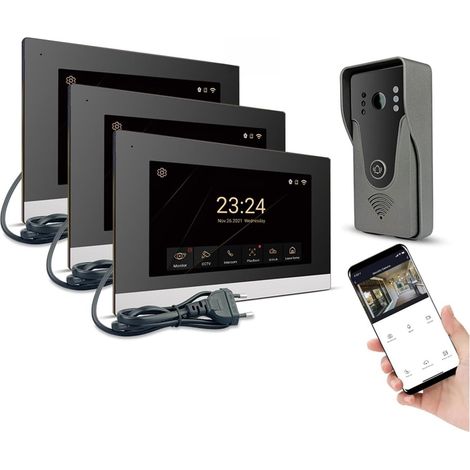 Système d'interphone vidéo 1080P, Sonnette vidéo Intelligente sans Fil Domestique, Un Panneau d'appel + Deux écrans(H-R6-P356B-3M503BA-B) (1/5)