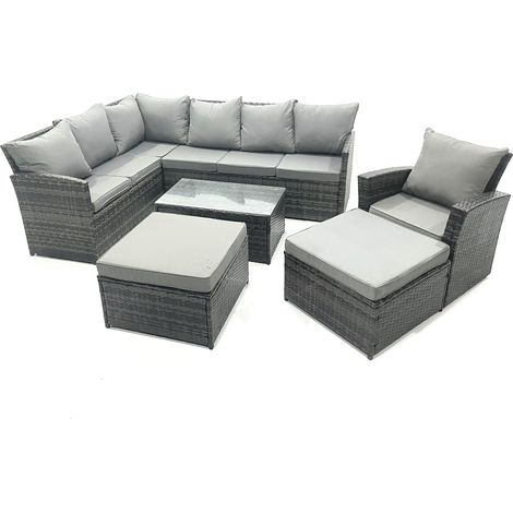 Fimous 9 Seater Rattan Lounge Corner Sofa Set Wicker PE Outdoor Garden Furniture Set with Coffee Table 2 Big Fotstools Dark Grey Mixed