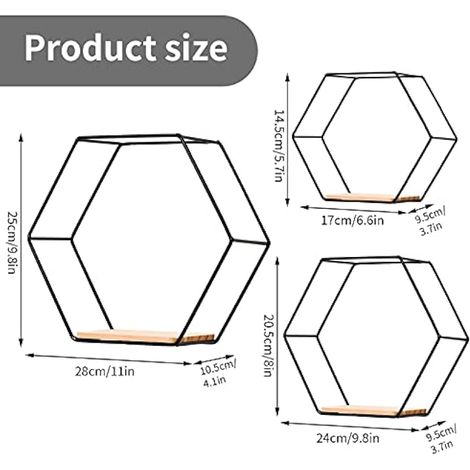Set of 3 Hexagon Wall Shelves, Metal and Wood, for Kitchen Shelf, Bathroom, Bedroom, Wall Decor (Black) (1/5)