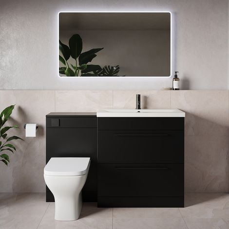 Napoli 390 Matt Black 1300mm 2 Drawer Vanity Unit Toilet Suite with Glide Basin - 1300mm - Matt Black 480mm HandleWith Kingston Toilet Pan and Seat
