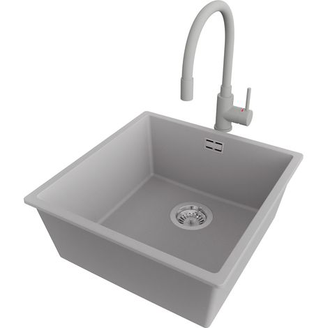 PRIMAGRAN Evier Sous Plan 46x47cm,Evier en Granit 1 bac + Robinet 38x14cm + Kit de Vidage, Évier au meuble 50cm - London, Gris (1/5)