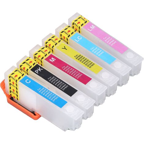 Lot de 6 cartouches d'encre réutilisables (noir, cyan, magenta, jaune, cyan clair, magenta clair) pour imprimante - Compatibles avec les modèles ICBK80, ICC80, ICM80, CY80, ICLC80 et ICLM80 (1/5)