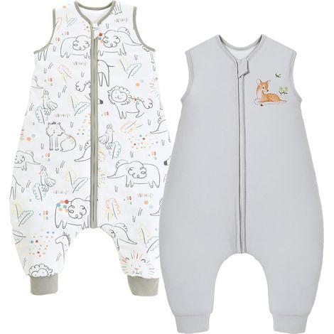 Lot de 2 gigoteuses pour bébé avec pieds - 2,5 tog - Gigoteuse d'hiver pour bébé avec jambes - Housse de sommeil pour garçon et fille - 2,5 tog - Gris + zoo - 70 cm - Taille du bébé 80 à 90 (1/5)