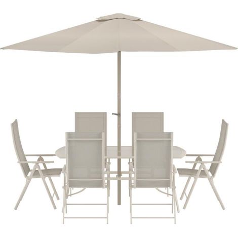 Brekki Gartenset Sonnenschirm, Tisch 90x150cm 6 Stühle beige.