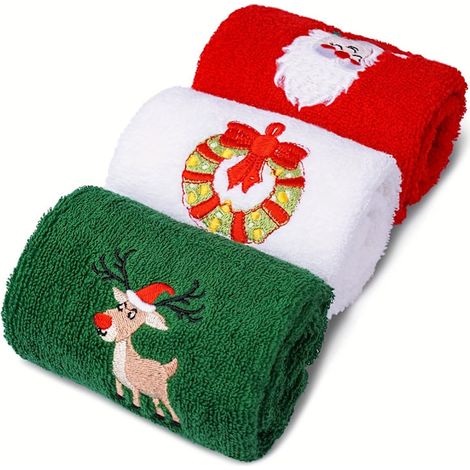 Filiyano-Savons de Noël : lot de 3 avec motifs Père Noël, rennes et couronne - Doux, en coton, 45 cm L x 32 cm l. Parfaits pour votre salle de bain (1/5)
