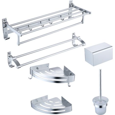 Bathroom Towel Rack Set - High-Standard Space Aluminum, No-Drill Toilet Hanger, Hardware Set - Bright Silver Five-Piece Set