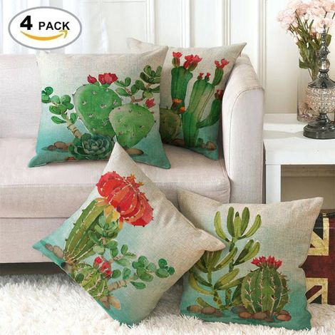 Lot de 4 housses de coussin, cactus aquarelle, décoration botanique, taies d'oreiller en lin, décoration maison housses de coussin carrées 45×45 cm (1/5)