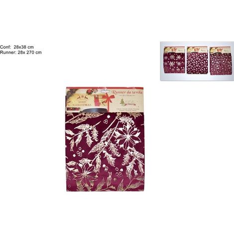 Runner da Tavola Natalizio in Velluro Bordeaux con Decorazioni Oro 28 x 270 cm (1/2)
