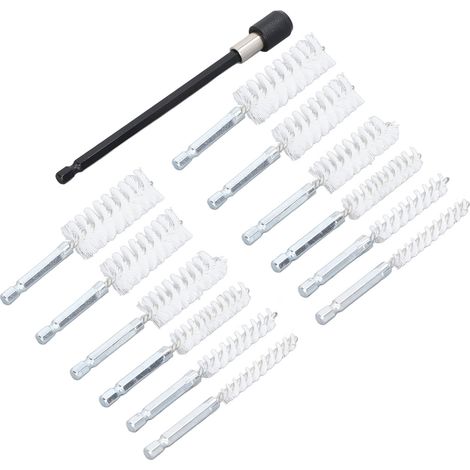 Ensemble de 13 brosses de perçage en nylon blanc - Diamètres 8 à 19 mm, tige 1/4" avec rallonge 15 cm pour nettoyage de trous (1/5)