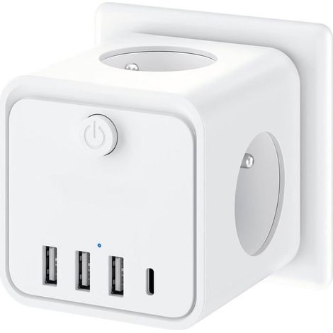 Multiprise murale 7 en 1, multiprise avec 3 prises françaises, multiprise avec 1 port USB-C et 3 ports USB, multiprise cubique (1/5)