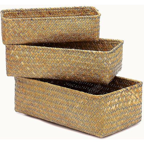 Ensemble de 3 paniers de rangement Jinxiu en jonc de mer tressé, panier de bureau rectangulaire, boîte de rangement, étagères de bureau, panier décoratif, panier à papier toilette, cadeau (1/5)