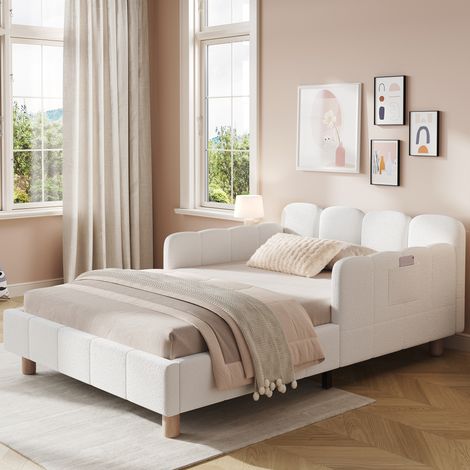 Lit capitonné, lit simple, lit enfant 90 x 200 cm, avec tête de lit capitonnée et barrière de sécurité, pieds de lit en bois massif, bouclé, beige (1/5)