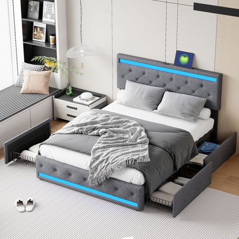 Lit double 140x190 cm, LED et USB, tete de lit capitonnée, 4 tiroirs, tissu en lin, Cadre de lit 140x190 avec sommier à lattes, gris (1/5)
