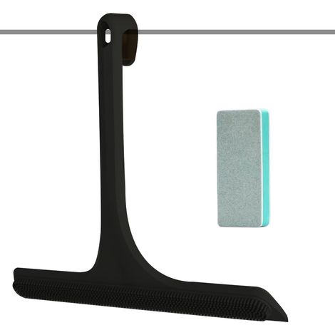 Raclette Douche sans Traces avec Crochet Intégré, 2-en-1 Raclette Vitre Silicone avec Squeegee et Poils, Nettoyage Efficace pour Paroi de Douche, Fenêtre, Miroir, Carrelage, Voiture, Bain - 28cm Noir (1/5)