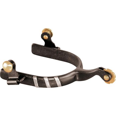 Speroni Western stretti in ferro nero con sottili decorazioni laterali in inox e rotella piccola colore ottone