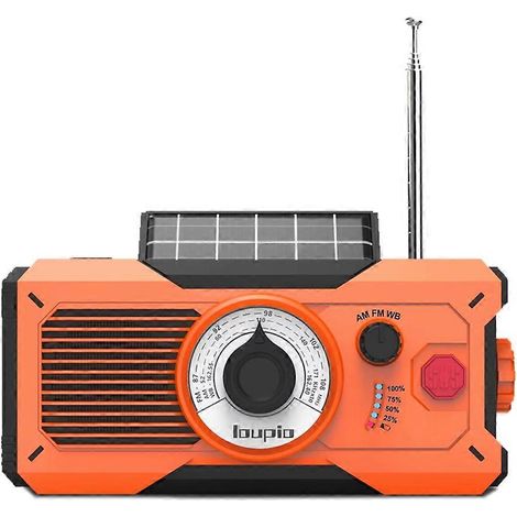Radio solaire à manivelle 5000 mAh AM/FM/WB avec batterie externe, alarme SOS, lampe torche d'urgence et lampe de lecture. (1/5)