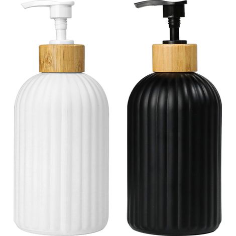 2 Pièces Distributeur Savon en Verre, Distributeur Liquide Vaisselle 400ml, Fini Mat Céramique avec Couvercle en Bois, Soap Dispenser Stable et Précis pour Cuisine/Salle de Bain (1/5)