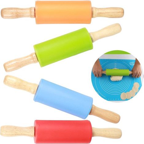 Mattarelli, confezione da 4 mini mattarelli, con manico in legno e rivestimento antiaderente in silicone. (1/5)