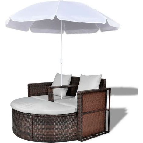Lit de jardin avec parasol résine tressée marron Uvo (1/3)
