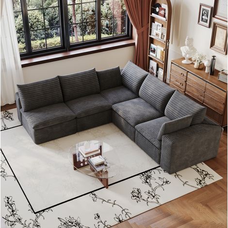 Divano angolare modulare in velluto a coste grigio scuro 260 x 250 cm, senza montaggio (1/5)