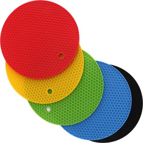 5 Pièces Ronds 18 cm Dessous de Plat Silicone Résistant à la Chaleur Jaune Noir Rouge Bleu Vert (1/5)